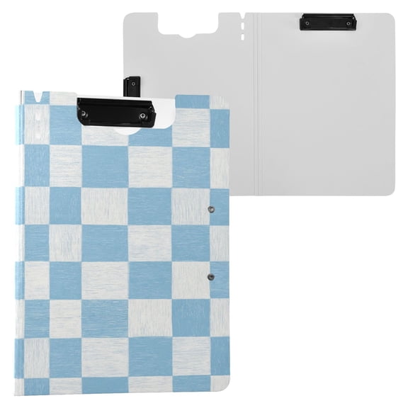 A4 Double Clip File Folder 18.9x12.6in Clipboards Foldable Binder Holds 80 Sheets Project Folder for Office, Home Light Blue and White Checkered