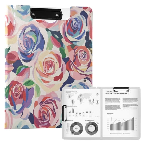 A4 Double Clip File Folder 18.9x12.6in Clipboards Foldable Binder Holds 80 Sheets Project Folder for Office, Home Modern Art Roses