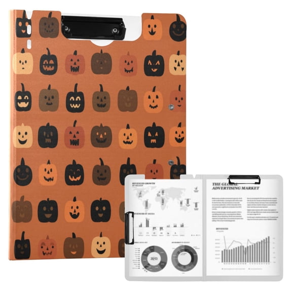 A4 Double Clip File Folder 18.9x12.6in Clipboards Foldable Binder Holds 80 Sheets Project Folder for Office, Home Pumpkin Funny Face Pattern