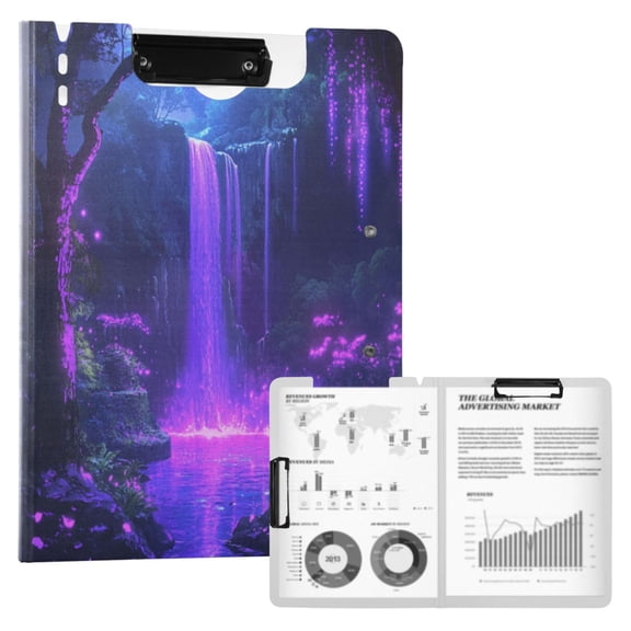 A4 Double Clip File Folder 18.9x12.6in Clipboards Foldable Binder Holds 80 Sheets Project Folder for Office, Home Purple Neon Waterfall
