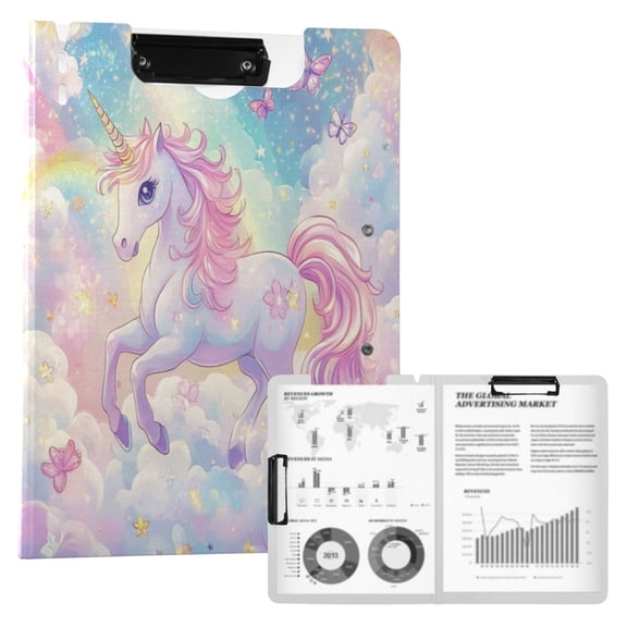 A4 Double Clip File Folder 18.9x12.6in Clipboards Foldable Binder Holds 80 Sheets Project Folder for Office, Home Rainbow Colors Unicorn