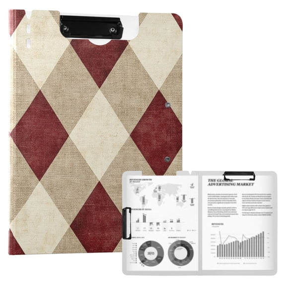 A4 Double Clip File Folder 18.9x12.6in Clipboards Foldable Binder Holds 80 Sheets Project Folder for Office, Home Red and Beige Checkered
