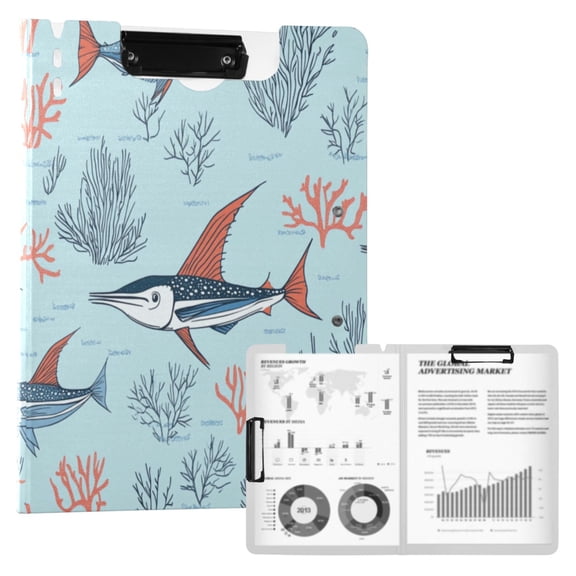 A4 Double Clip File Folder 18.9x12.6in Clipboards Foldable Binder Holds 80 Sheets Project Folder for Office, Home Sailfish and Coral Reef Pattern