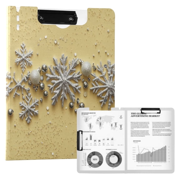 A4 Double Clip File Folder 18.9x12.6in Clipboards Foldable Binder Holds 80 Sheets Project Folder for Office, Home Silver Snowflakes