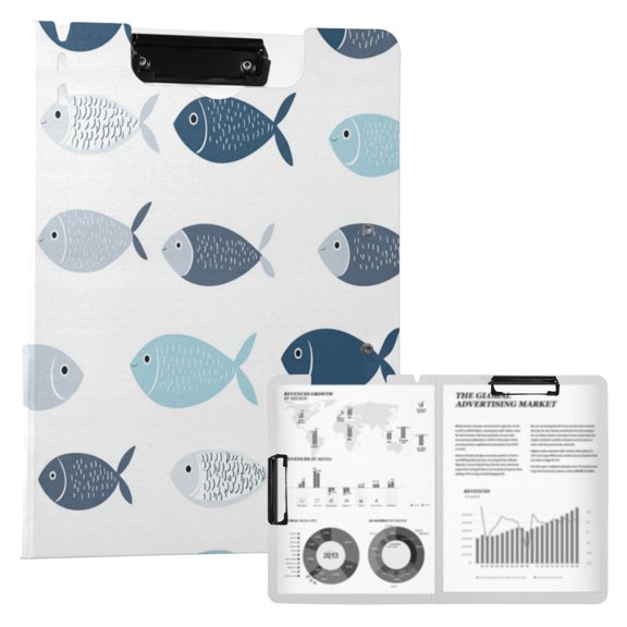A4 Double Clip File Folder 18.9x12.6in Clipboards Foldable Binder Holds 80 Sheets Project Folder for Office, Home Simple and Cute Fish
