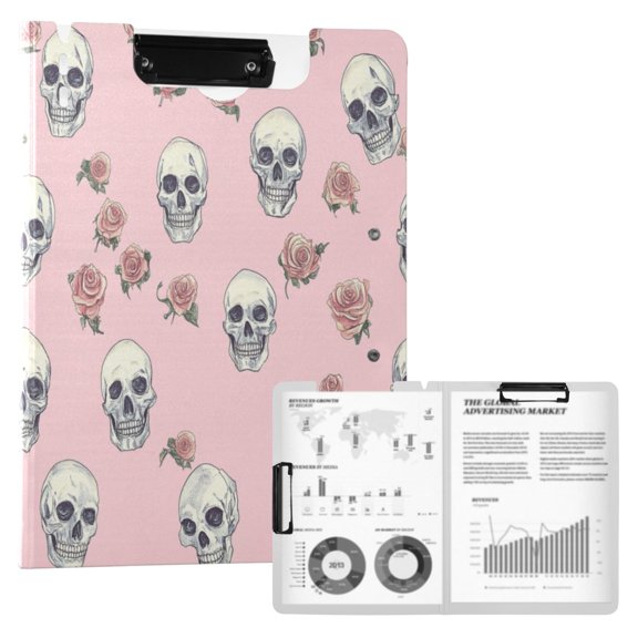 A4 Double Clip File Folder 18.9x12.6in Clipboards Foldable Binder Holds 80 Sheets Project Folder for Office, Home Skulls and Roses Pattern