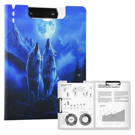 A4 Double Clip File Folder 18.9x12.6in Clipboards Foldable Binder Holds 80 Sheets Project Folder for Office, Home Two Howling Wolves