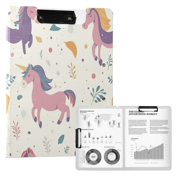 A4 Double Clip File Folder 18.9x12.6in Clipboards Foldable Binder Holds 80 Sheets Project Folder for Office, Home Unicorn Pattern