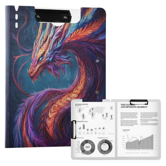 A4 Double Clip File Folder 18.9x12.6in Clipboards Foldable Binder Holds 80 Sheets Project Folder for Office, Home Vibrant Colors Dragon