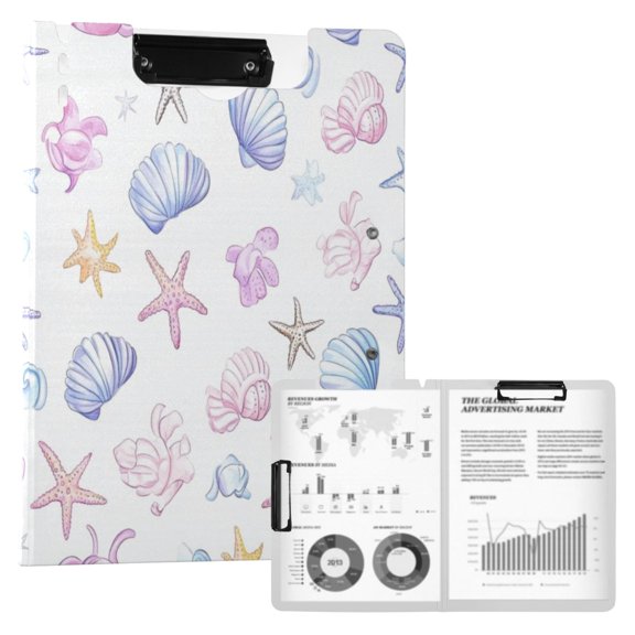A4 Double Clip File Folder 18.9x12.6in Clipboards Foldable Binder Holds 80 Sheets Project Folder for Office, Home Watercolor Seashells