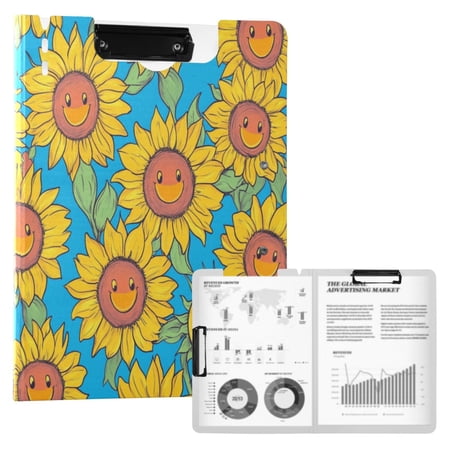 A4 Double Clip File Folder 18.9x12.6in Clipboards Foldable Binder Holds 80 Sheets Project Folder for Office, Home Yellow Sunflowers with Smiley Faces