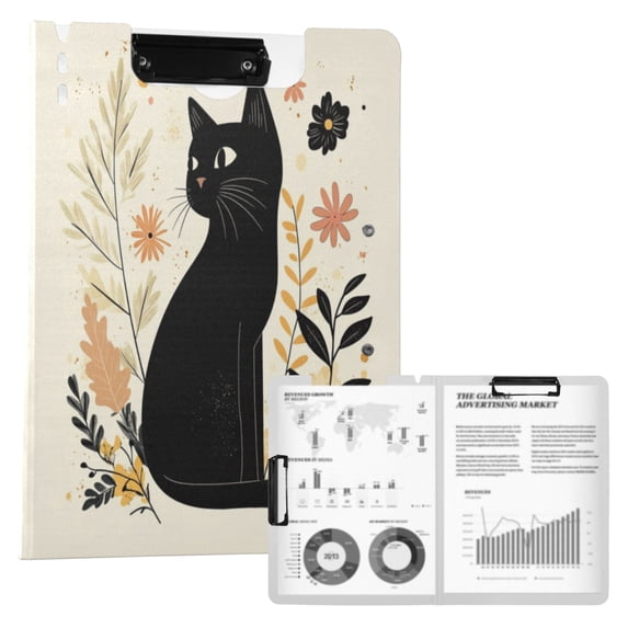A4 Double Clip File Folder Binder Clipboards Waterproof Durable Foldable Folder Suitable for Office and Family Cute Black Cat Pattern