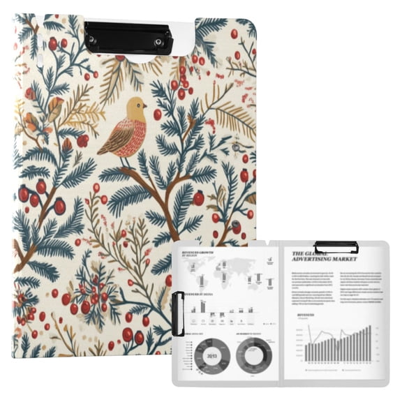 A4 Double Clip File Folder Binder Clipboards Waterproof Durable Foldable Folder Suitable for Office and Family Cute Christmas Bird Pattern