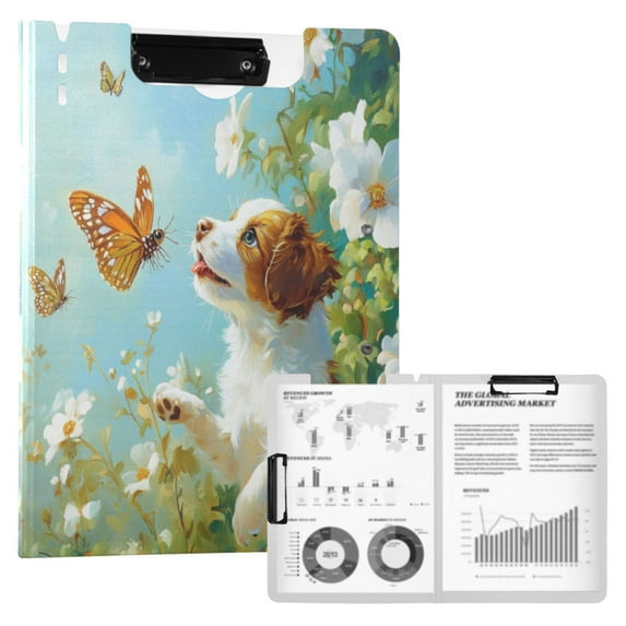 A4 Double Clip File Folder Binder Clipboards Waterproof Durable Foldable Folder Suitable for Office and Family Dog Butterfly Play
