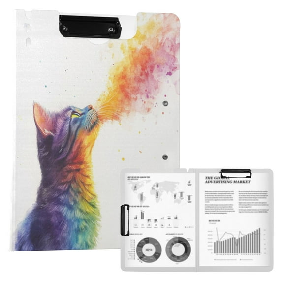 A4 Double Clip File Folder Binder Clipboards Waterproof Durable Foldable Folder Suitable for Office and Family Rainbow Beautiful Kitten