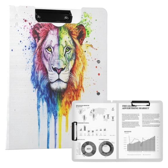 A4 Double Clip File Folder Binder Clipboards Waterproof Durable Foldable Folder Suitable for Office and Family Rainbow Beautiful Lion