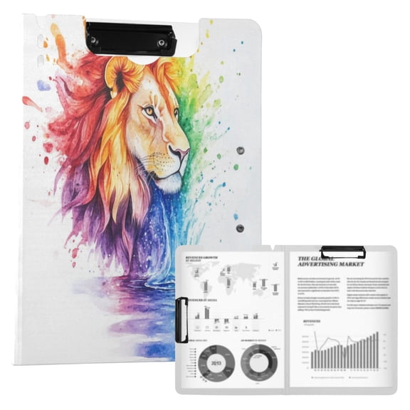 A4 Double Clip File Folder Binder Clipboards Waterproof Durable Foldable Folder Suitable for Office and Family Rainbow Lion