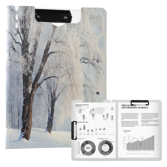 A4 Double Clip File Folder Binder Clipboards Waterproof Durable Foldable Folder Suitable for Office and Family Winter Tree View