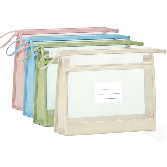 A4 Double-Layer Mesh Zipper Pouches, Extra Large Capacity Mesh Zipper Pouch Bags with Label and Handle, Reusable File Pouches Document Bags for School Office Supplies, 4 Colors