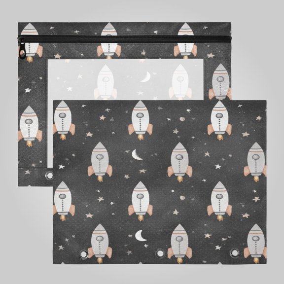 A4 File Binder 2Pack Pouch Pencil Work & Study File Pouch Black Space Rocket Pattern