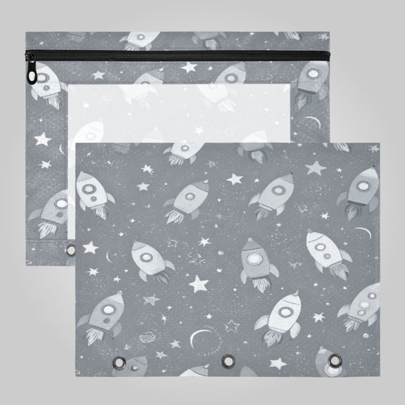 A4 File Binder 2Pack Pouch Pencil Work & Study File Pouch Grey Space Rocket Print