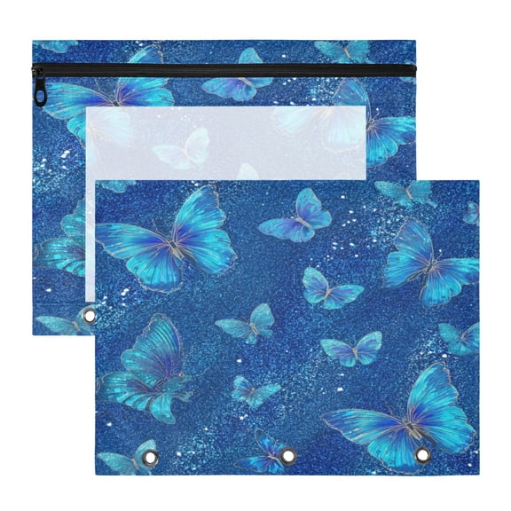 A4 File Binder Pouch Pencil Work & Study File Pouch Blue Glitter Butterfly