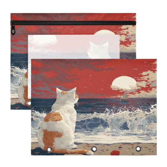 A4 File Binder Pouch Pencil Work & Study File Pouch Orange Cat by The Sea