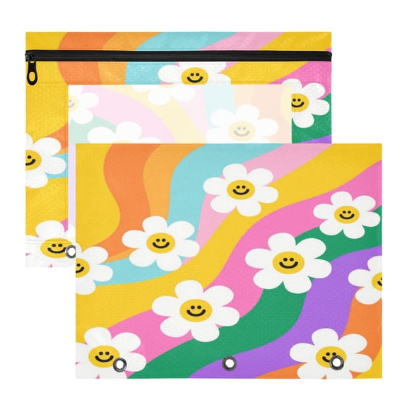 A4 File Binder Pouch Pencil Work & Study File Pouch Smiley Daisy on Rainbow Background