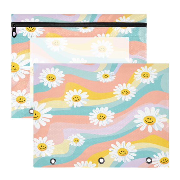 A4 File Binder Pouch Pencil Work & Study File Pouch Smiling Daisies with Rainbow