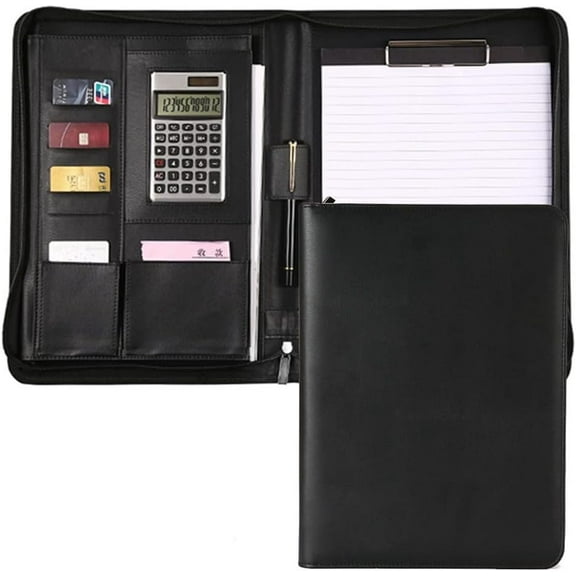 A4 Folder Multi-Function Organizer Leather Binder Notebook with Calculator Zipper Business Portfolio Bag (Color : Black) (Brown)