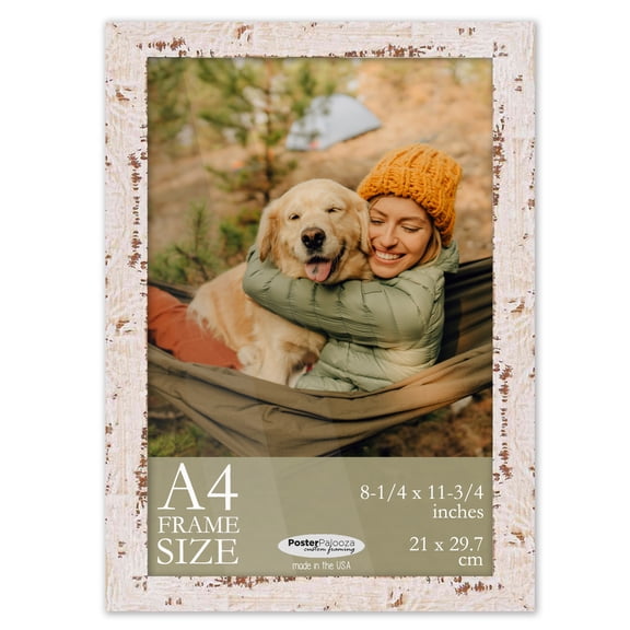 A4 Frame White Rustic Farmhouse 8.25x11.75 Frame - Shabby Chic Wood A4 Picture Frame, UV Acrylic
