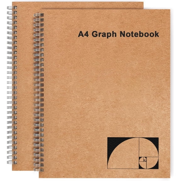 A4 Graph Paper Notebook, 2 Pack Large Spiral Grid Notebook, 200 Pages 100gsm Thick 5mm Square Paper Quad Notebook for Engineering, Math, Taking Notes, Drawing -  Brown Cover, 8.5" x 11"