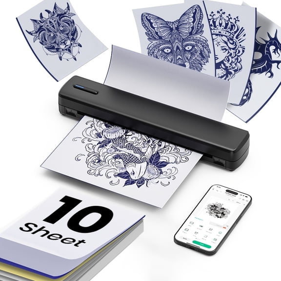 A4 Inkless Thermal Printer D810B: Wireless Portable Printer for Android iOS, Mini Letter Printing with Folding/Rolling/Tattoo Paper, Includes 20 Sheets