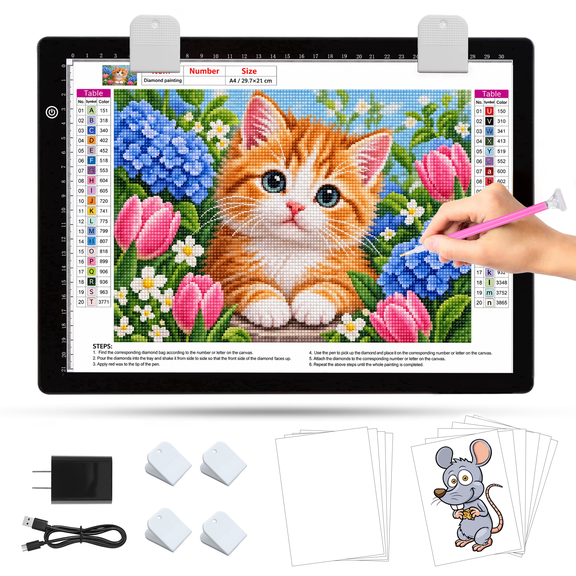 KOBAIBAN Ultra-Thin A4 Light Board, Stepless Dimming Corded Tracing Light Pad, Lightbox for Diamond Painting, Sketching, Tracing–NO Battery