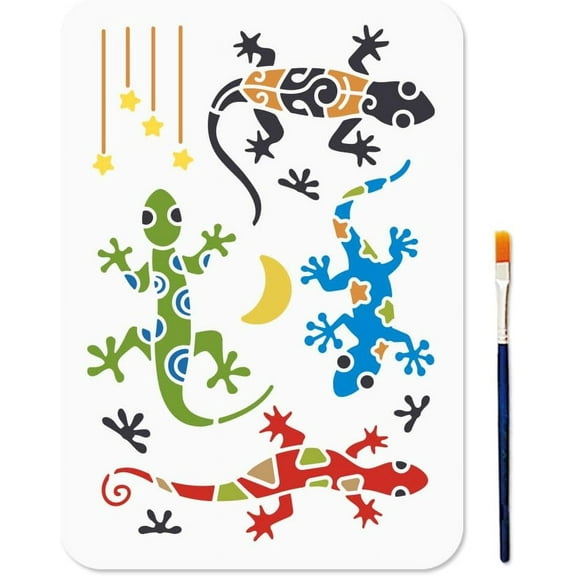 A4 Lizard Stencil Reptile Animal Template 11.7x8.3inch Reusable Gecko Drawing Stencil with Paint Brush Moon Star Animal Template for DIY handcrafting