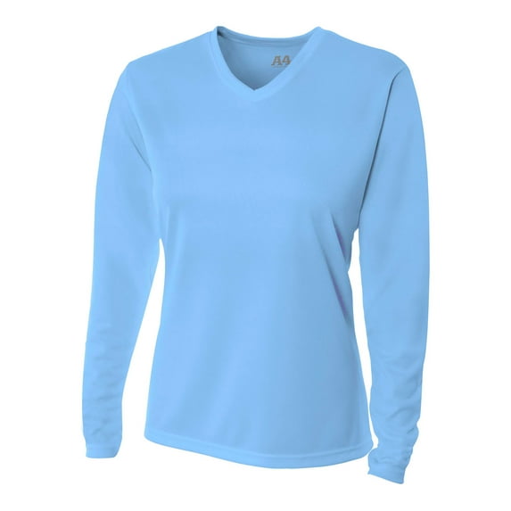 A4 Long Sleeve V-Neck Bird's Eye Mesh Tee For Women in Lt Blue NW3255