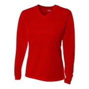 A4 Long Sleeve V-Neck Bird's Eye Mesh Tee For Women in Scarlet NW3255