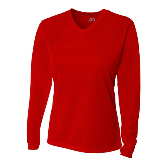 A4 Long Sleeve V-Neck Bird's Eye Mesh Tee For Women in Scarlet NW3255