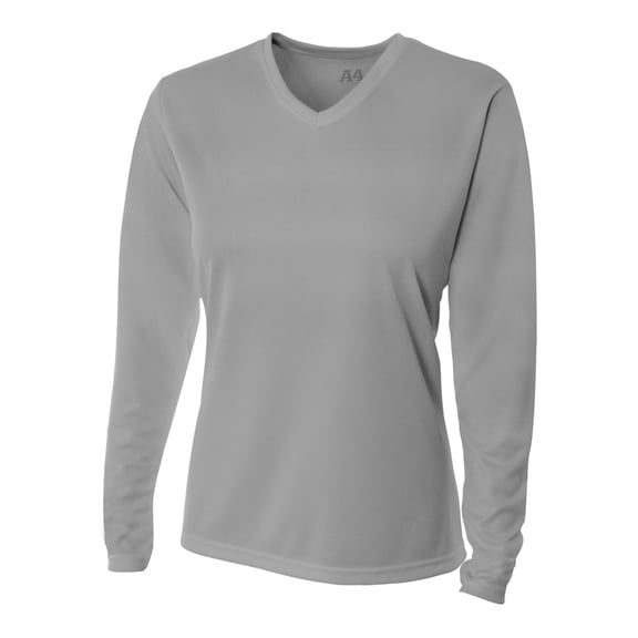 A4 Long Sleeve V-Neck Bird's Eye Mesh Tee For Women in Silver NW3255