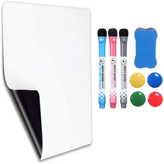 A4 Magnetic Dry Erase Whiteboard Sheet Magnetic Dry Wipe Board with 3 Whiteboard Pens, 1 Magnetic Eraser and 4 Fridge Magnets for Memos, Notes, Lists and Menus in Home Kitchen Office
