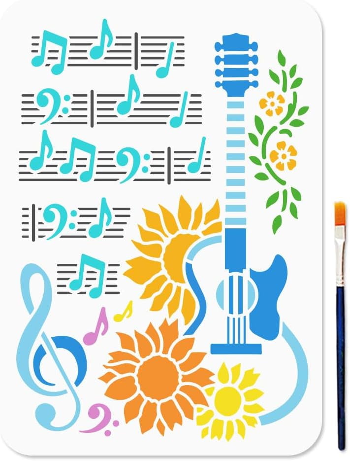 MAYJOYDIY Guitar Sheet Music Stencil - Large Reusable Painting Template With Brush, 11.7x8.3 Inch
