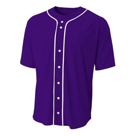 A4 N4184 Mens Short Sleeve Full Button Baseball Jersey - Purple - M
