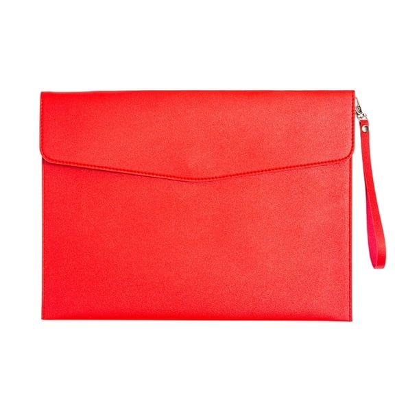 A4 PU Leather Document Case, Waterproof File Pouch with Removable Hand Strap for Office Papers and Tablet, Red
