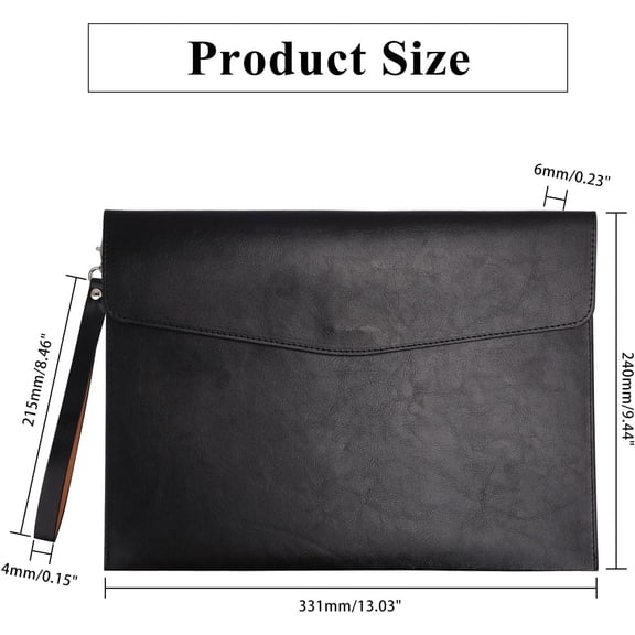 A4 PU Leather File Folders Document Holder File Organizer Envelope Portfolio Bag with Hand Strap Black 9.5x13x0.2inch