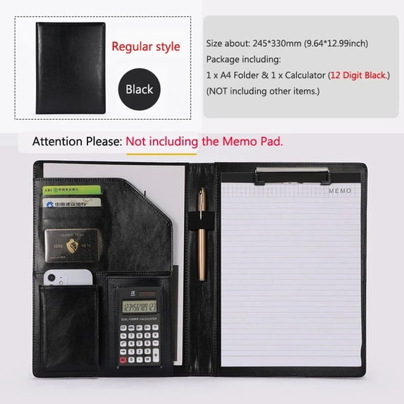 A4 Padfolio for man / women PU File Folder Business Document Holder Clipboard Folder PU Leather Organizer Meeting Pad Office Black A 12 Digit b