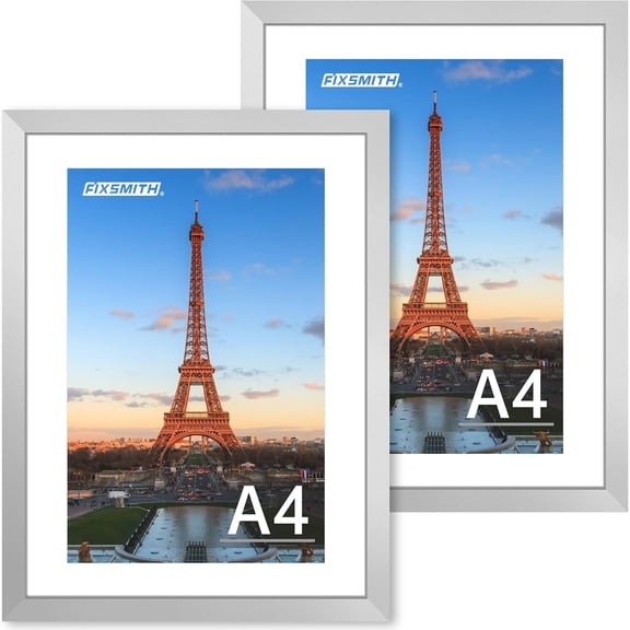 A4 Picture Frame Set of 2, Silver Photo Frame with HD Plexiglass, Display Pictures 6x8 with Mat or 8.3x11.7 Without Mat Multi Picture Frames Collage for Tabletop or Wall Display