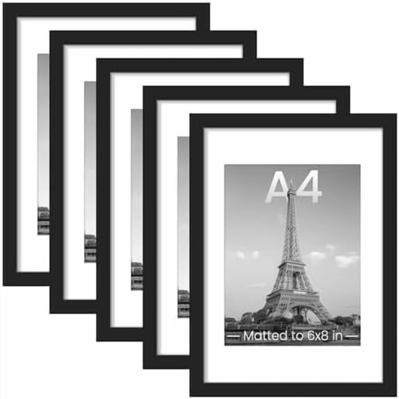A4 Picture Frame Set of 5, Display Pictures 6x8 with Mat or 8.3x11.7 Without, Wall Gallery Poster Frames, Black