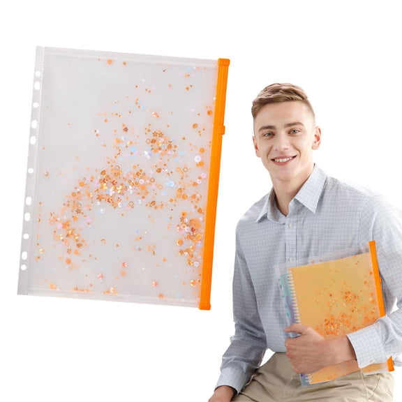 A4 Plastic Binder Zipper, Binder Pockets 13"x9.2" Clear Envelope Folders Planner Waterproof Pouch Filing with Sequin Decor for Document,1Pcs(B)