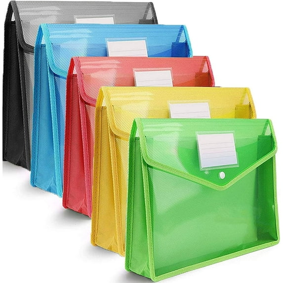 A4 Plastic Wallet Folders with Popper -Document Pockets with Button for Office Home - Pack of 5 - Red Blue Yellow Green Black-5pack