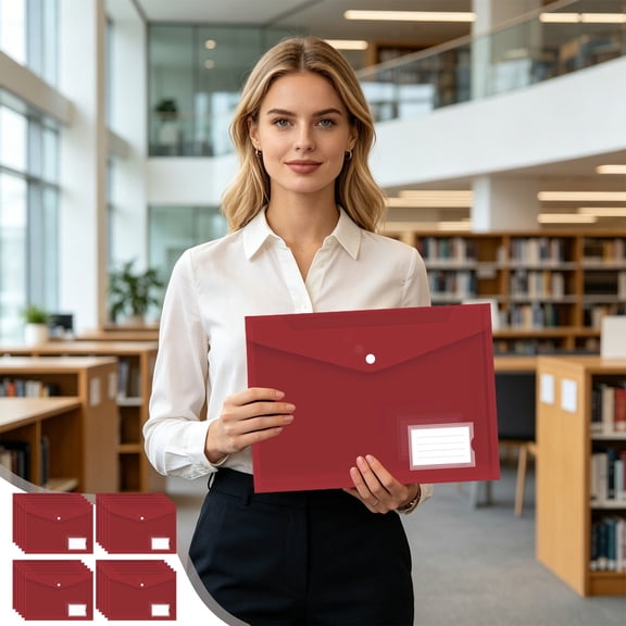 A4 Polypropylene Snap Button File Envelopes Embossed Document Pouches with Label Pocket for Office Home Student File Storage